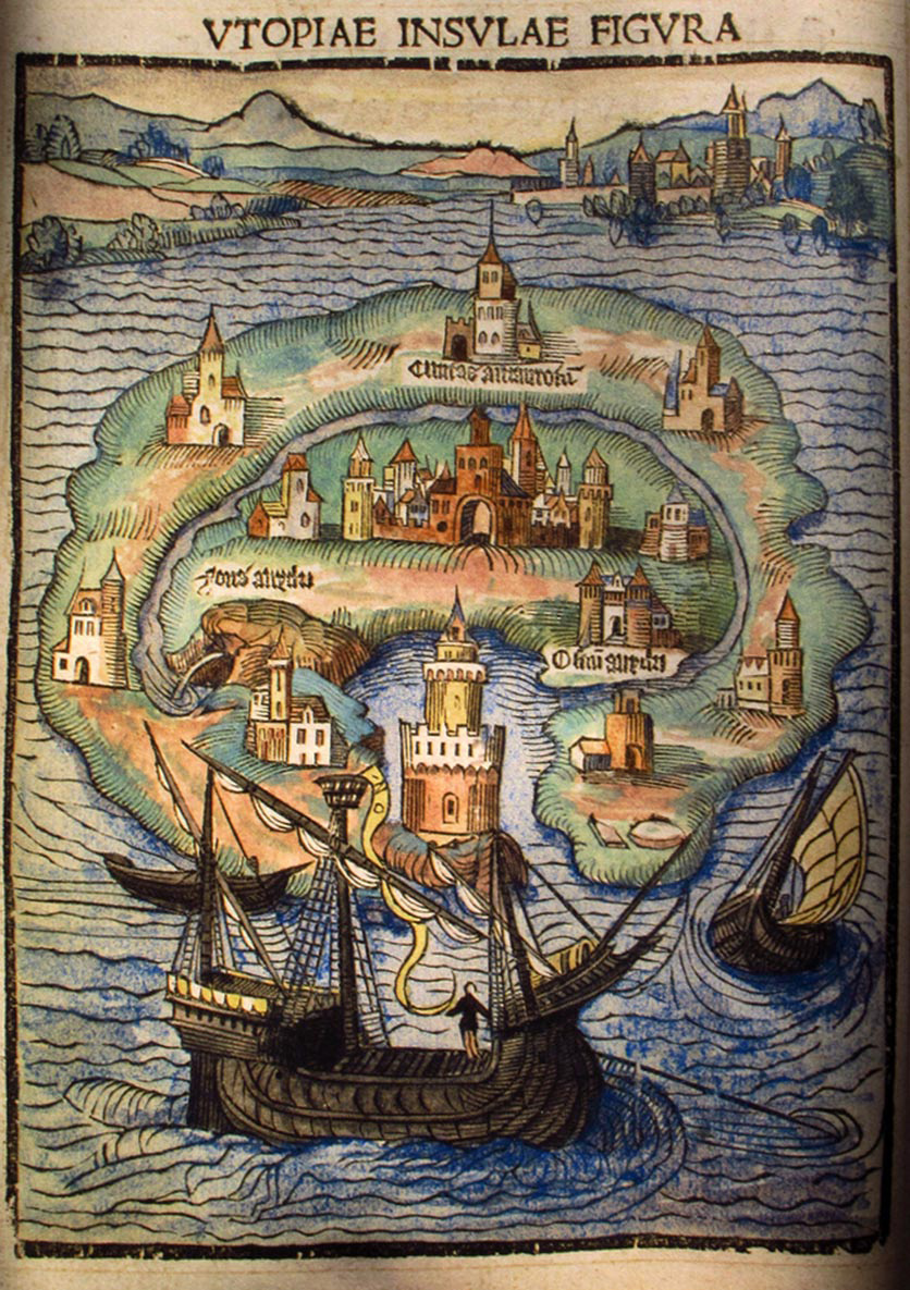 Карта острова Утопия из первого издания книги Томаса Мора 1516 года